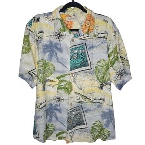Vintage 90s Island Republic Airplane Compass Map Tropical Luau Hawaiian Shirt